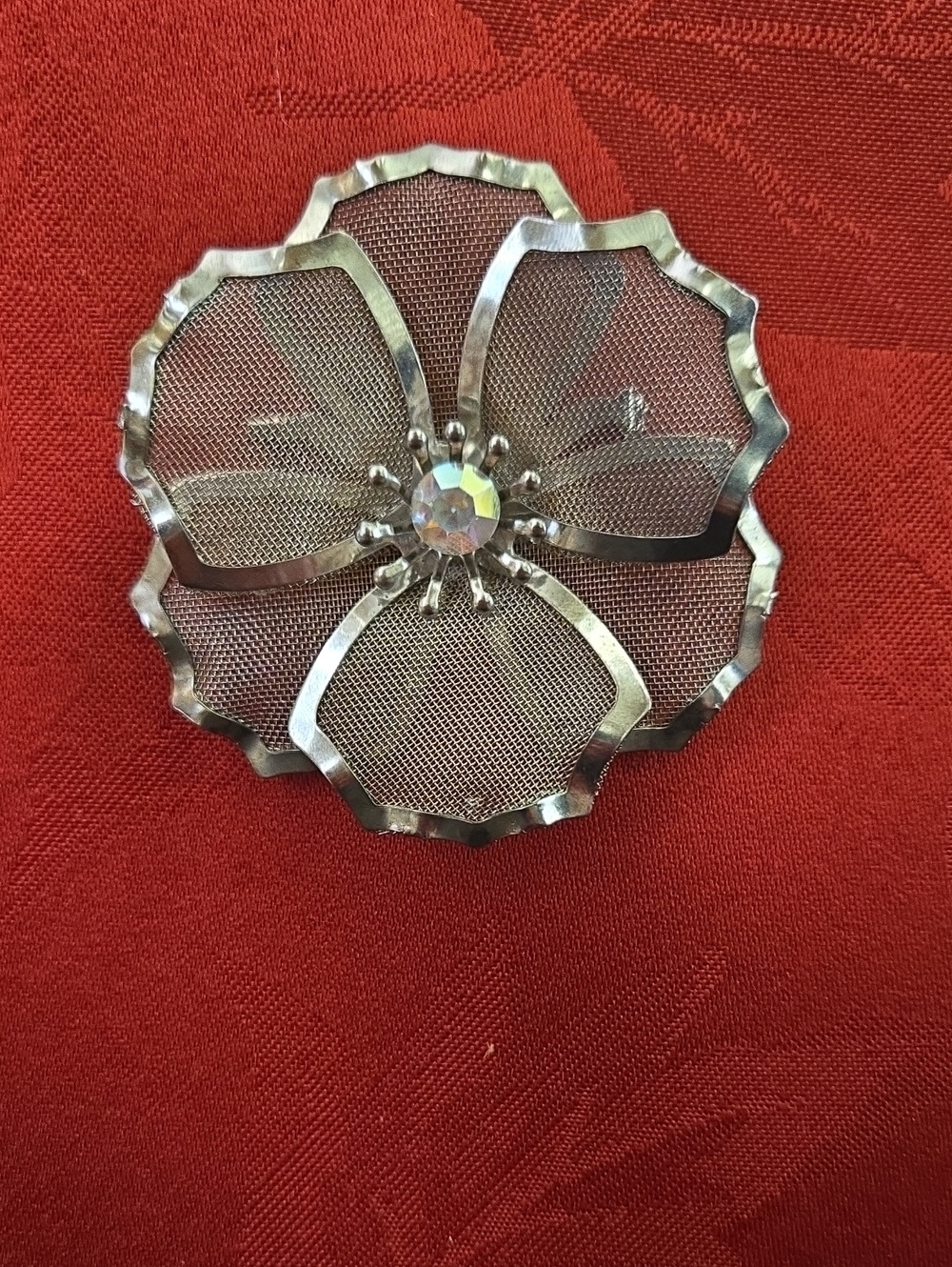 Vintage B.E.D. Signed Mesh Flower Brooch Pin AB Crystal